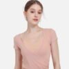 peach short sleeve mesh wrap top with built-in bra