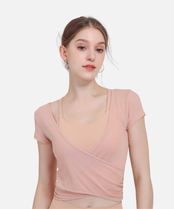 peach short sleeve mesh wrap top with built-in bra