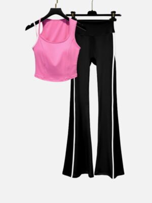 pink cropped tank top and black flared pants
