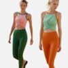 pink twist crop top and green leggings set