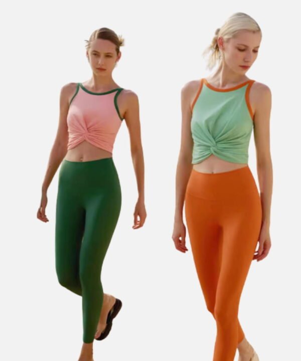 pink twist crop top and green leggings set