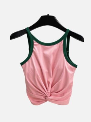 pink twist cropped top with green trim