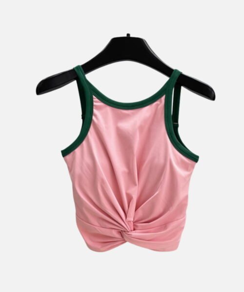 pink twist cropped top with green trim