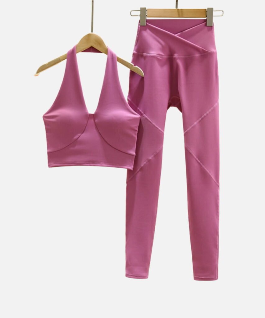 pink v-neck halter sports bra and matching leggings