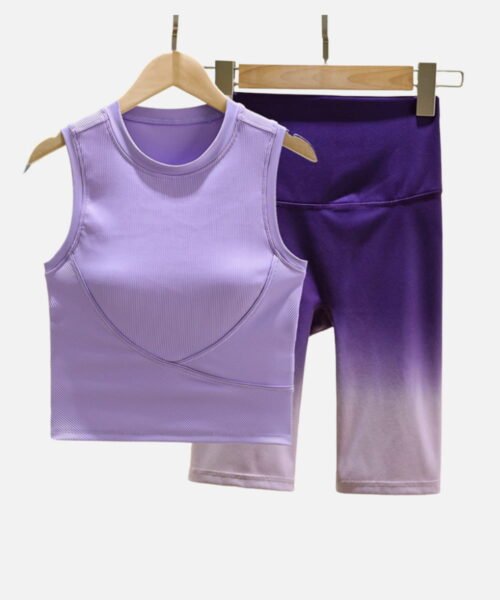 ribbed purple crop tank and purple ombre biker shorts