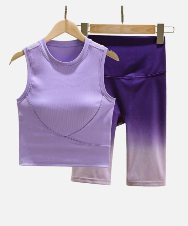 ribbed purple crop tank and purple ombre biker shorts