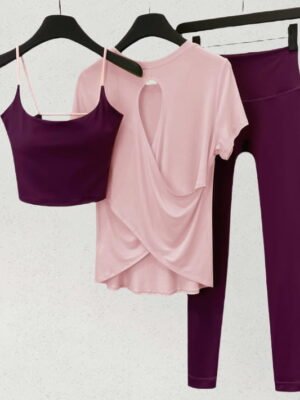 Purple crop top, pink tee, purple leggings