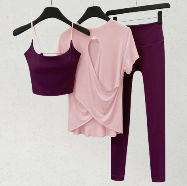 Purple crop top, pink tee, purple leggings
