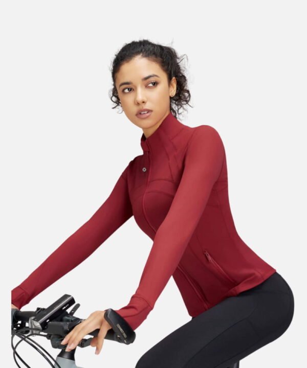 red long sleeve zip front workout jacket