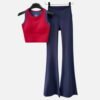 red crop tank top and navy flared leggings