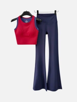 red crop tank top and navy flared leggings