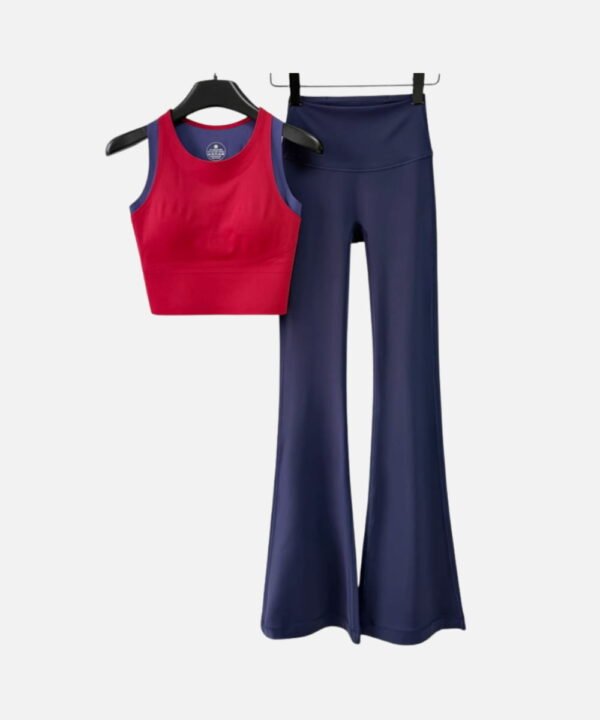 red crop tank top and navy flared leggings