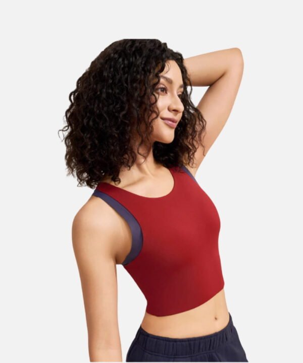 scoop neck cropped sports top with contrast shoulder detail