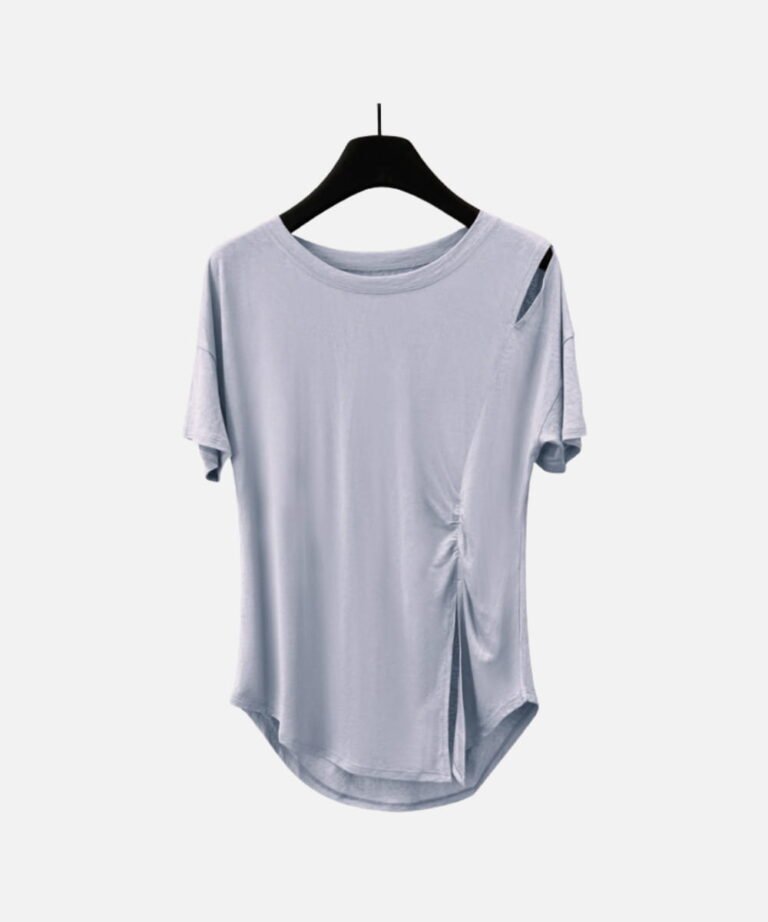 sky blue modal tee with ruched detail and cutout shoulder