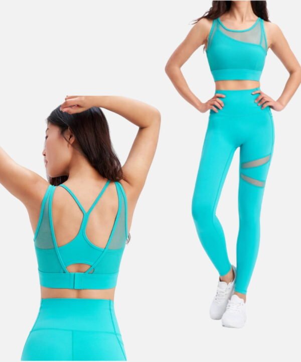 teal mesh sports bra and leggings worn by model
