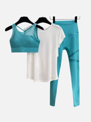 teal mesh sports bra white tee and leggings