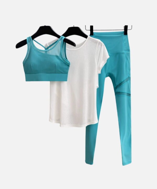 teal mesh sports bra white tee and leggings