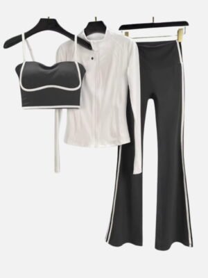 white zip jacket with gray bra and matching pants