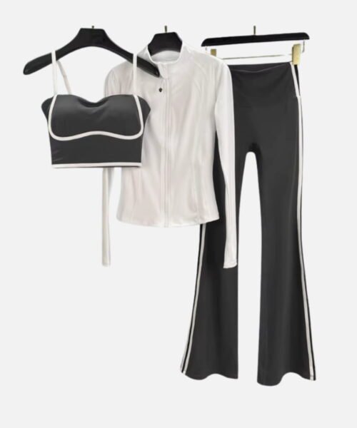 white zip jacket with gray bra and matching pants