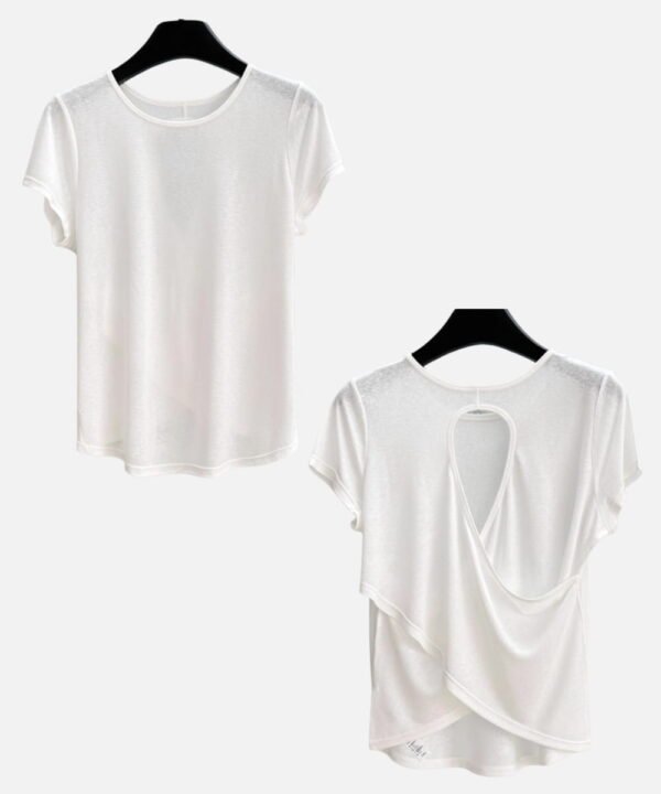 white open back layered short sleeve workout tee