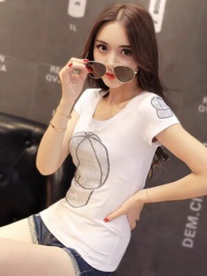 white fitted t-shirt with shiny cap embellishment