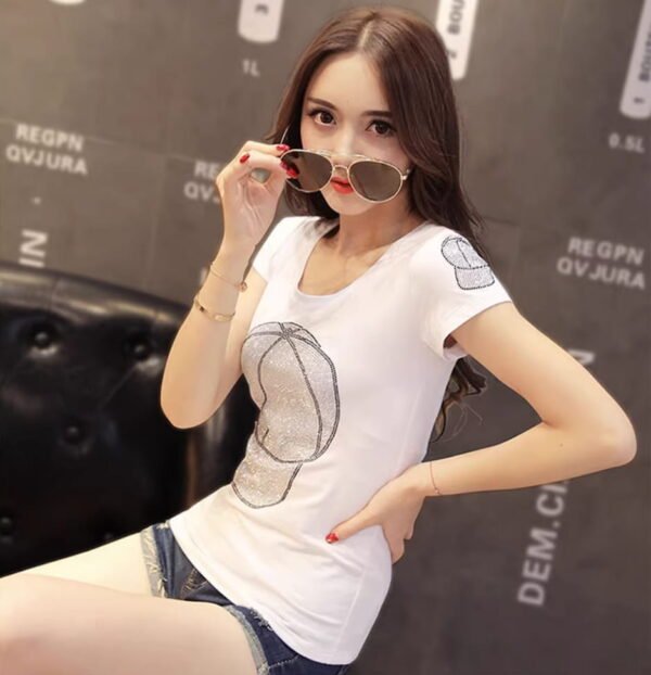 white fitted t-shirt with shiny cap embellishment
