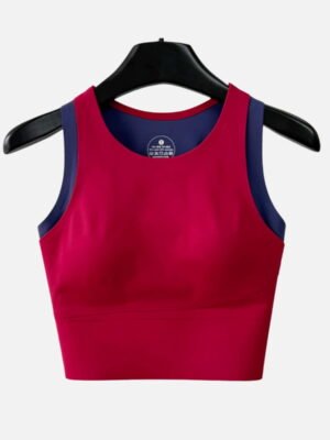 wine red scoop neck sports bra with navy trim