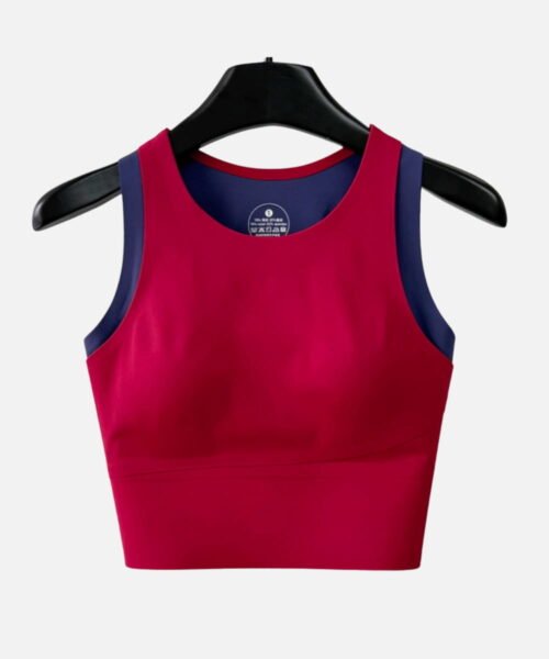 wine red scoop neck sports bra with navy trim