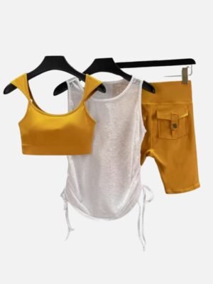 yellow crop top mesh tank and biker shorts