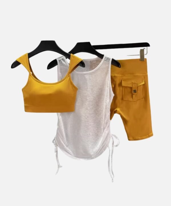 yellow crop top mesh tank and biker shorts