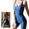 Blue open back biker romper with breathable fabric, perfect for gym or cycling