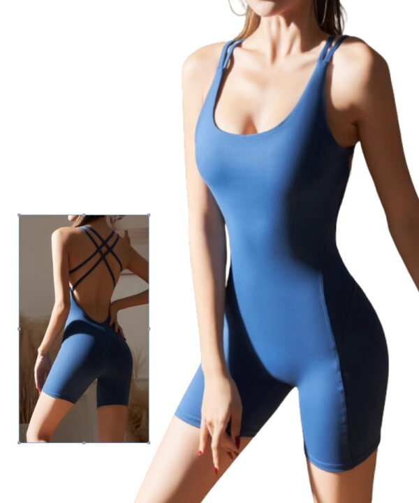 Blue open back biker romper with breathable fabric, perfect for gym or cycling