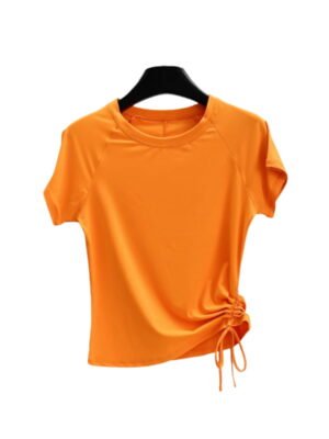 Bright orange gym top with side drawstring adjustment, ideal for active summer sessions