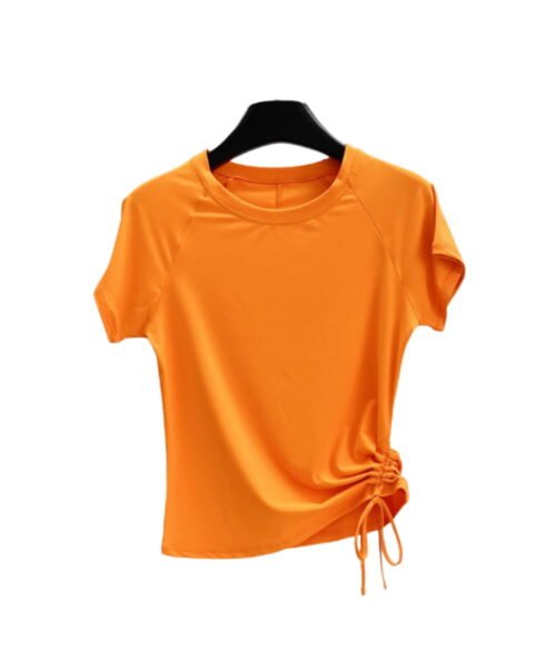 Bright orange gym top with side drawstring adjustment, ideal for active summer sessions