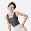 Charcoal scoop neck crop top in stretchy fabric, ideal for gym and casual wear