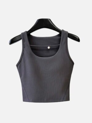 Charcoal ribbed crop tank top, classic front view for gym layering or everyday wear