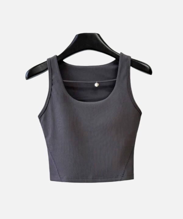 Charcoal ribbed crop tank top, classic front view for gym layering or everyday wear