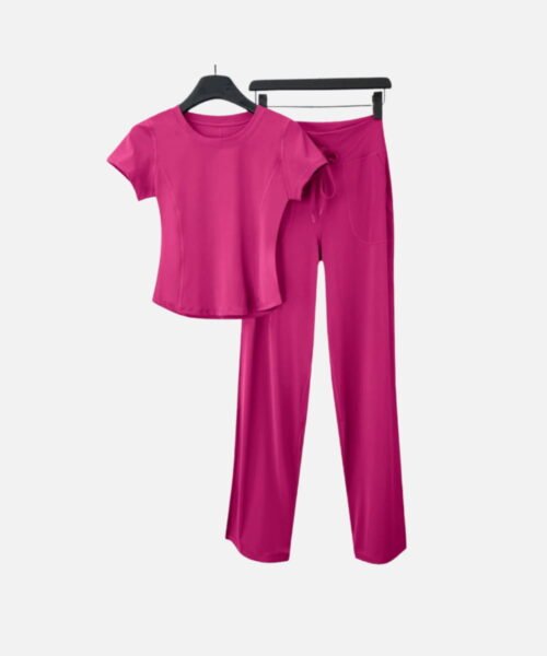 fuchsia stretch short sleeve top and straight pants