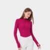 Fuchsia zip jacket with thumbhole sleeves, slim‑fit layer for workouts and travel