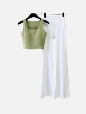 green ribbed crop tank and white flare leggings