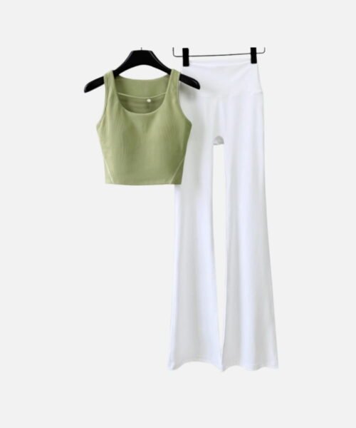 green ribbed crop tank and white flare leggings