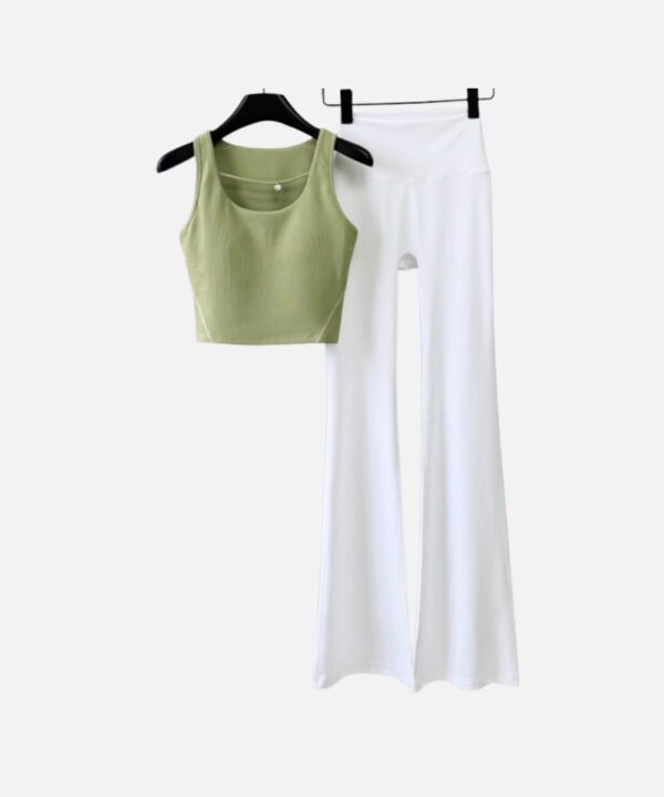green ribbed crop tank and white flare leggings