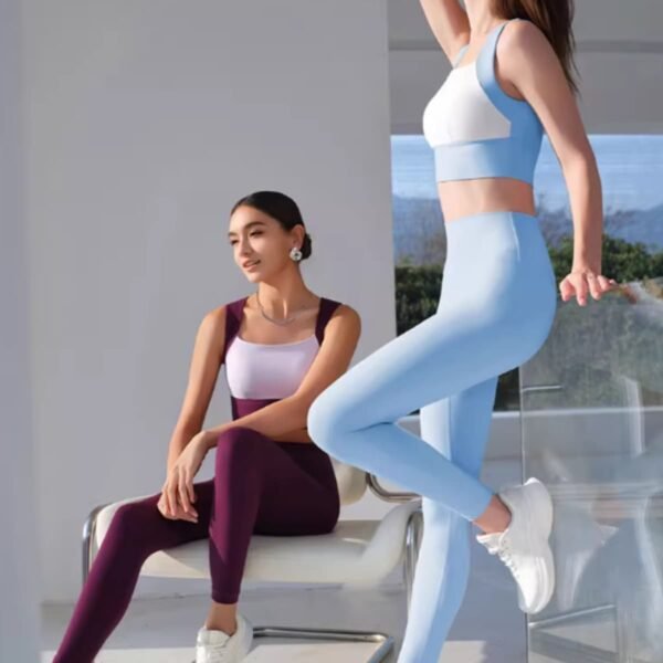 Light blue and purple yoga sets with sports bras and leggings, modern activewear look