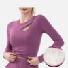 Pink ruched long sleeve gym top with stylish keyhole neckline