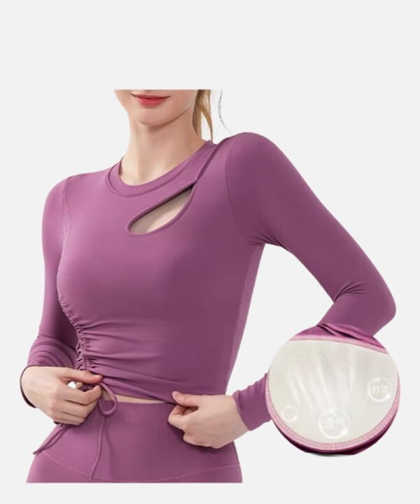 Pink ruched long sleeve gym top with stylish keyhole neckline