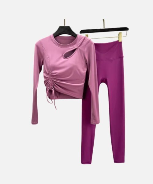Mauve padded cutout yoga top with side ruching, matched with magenta leggings for training or casual
