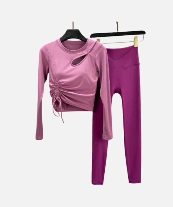 Mauve padded cutout yoga top with side ruching, matched with magenta leggings for training or casual