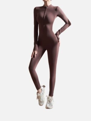 brown zip-front jumpsuit in sleek stretch fabric for active and casual styling