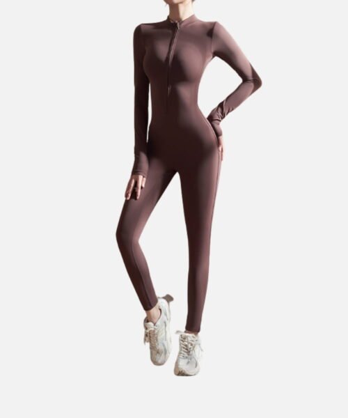 brown zip-front jumpsuit in sleek stretch fabric for active and casual styling