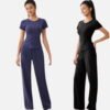 navy and black stretch short sleeve yoga sets